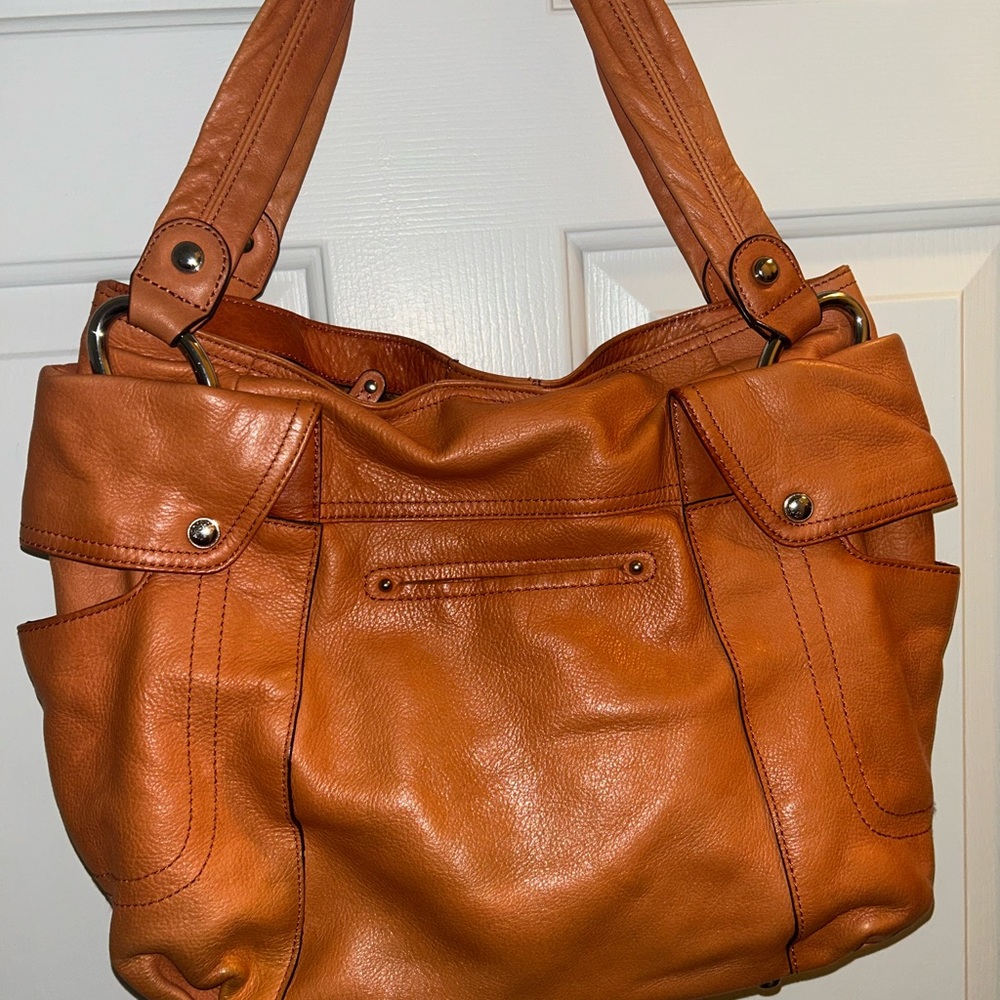 Orange Leather Tote Bag